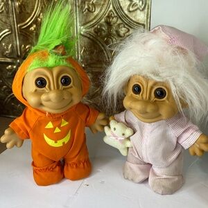 2 Vintage 90s Russ Troll Doll Orange Pumpkin Halloween Costume And Pajamas 7”